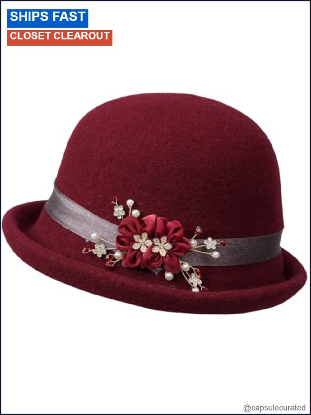 Wool Felt Bucket Hat with Handmade Floral Accents Vintage Cloche